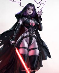  absurdres black_hood black_sleeves black_thighhighs blondynkitezgraja breasts cleavage commentary dc_comics detached_sleeves electricity electrokinesis energy_sword english_commentary facepaint highres lightsaber parted_bangs purple_hair raven_(dc) red_eyes red_lightsaber robe star_wars sword thigh_strap thighhighs torn_clothes torn_thighhighs weapon white_background 