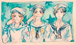  3boys anchor_symbol black_eyes black_hair blonde_hair blue_eyes dixie_cup_hat hand_on_own_chin hat heart higashikata_josuke_(jojolion) johnny_joestar jojo_no_kimyou_na_bouken jojolion kira_yoshikage_(jojolion) male_focus military_hat mouth_pull multiple_boys sailor_collar sailor_hat sandsawako star_(symbol) star_symbol_background tooth_gap traditional_media twitter_username watermark web_address 