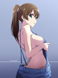  1girl aqua_eyes blue_overalls breasts brown_hair dated gradient_background hibike!_euphonium highres kuroe_mayu large_breasts long_hair looking_at_viewer naked_overalls nii_manabu overalls ponytail signature solo 