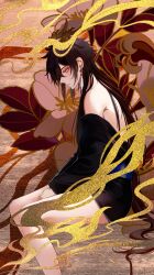  1boy absurdres alternate_hairstyle bare_legs bare_shoulders black_robe earrings genshin_impact highres huakanbankaijiuyinweizui jewelry long_hair looking_down orange_eyes robe single_earring smoke zhongli_(genshin_impact)  rating:Sensitive score:1 user:danbooru