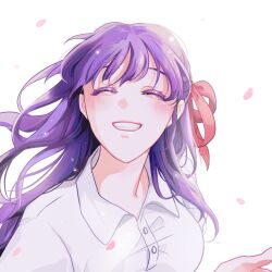  1girl backlighting breasts closed_eyes colored_eyelashes commentary_request fate/stay_night fate_(series) grin hair_ribbon highres kassia korean_commentary long_hair matou_sakura medium_breasts petals portrait purple_hair ribbon smile solo 