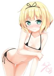 1girl bikini black_bikini blonde_hair blunt_bangs blush breasts collarbone eyebrows female_focus gochuumon_wa_usagi_desu_ka? green_eyes karutamo kirima_syaro leaning_forward looking_at_viewer micro_bikini navel nose_blush short_hair side-tie_bikini_bottom simple_background small_breasts solo swimsuit tears wavy_mouth white_background rating:Sensitive score:67 user:danbooru