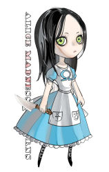  007_(pixiv295076) alice:_madness_returns alice_(alice_in_wonderland) alice&#039;s_adventures_in_wonderland alice_liddell_(american_mcgee&#039;s_alice) american_mcgee&#039;s_alice american_mcgee's_alice bad_id black_hair dress english_text green_eyes knife long_hair lowres simple_background 