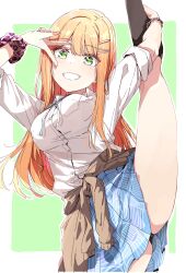  1girl absurdres animal_print balancing black_panties black_socks blue_ribbon blue_skirt border breasts brown_cardigan cardigan chain chain_bracelet clothes_around_waist commentary dot_nose gakuen_idolmaster green_background green_eyes grin hair_ornament hairclip hatsuboshi_gakuen_school_uniform highres holding_own_leg idolmaster large_breasts leg_up leopard_print long_hair looking_at_viewer mole mole_under_eye neck_ribbon nyoijizai orange_hair outside_border panties pantyshot pink_scrunchie pleated_skirt print_scrunchie ribbon school_uniform scrunchie shirt shiun_sumika simple_background skirt sleeves_rolled_up smile socks solo split standing standing_on_one_leg standing_split underwear v v_over_eye white_border white_shirt wrist_scrunchie 