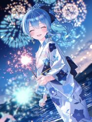  1girl 1other aerial_fireworks alternate_costume alternate_hairstyle asymmetrical_sidelocks blue_hair blue_nails blue_sash blurry blurry_background blurry_foreground closed_eyes colored_inner_hair commentary_request depth_of_field double-parted_bangs dusk dutch_angle earrings facing_viewer fireworks floral_print floral_print_kimono flower_earrings hair_between_eyes highres holding holding_fireworks hololive hoshimachi_suisei japanese_clothes jewelry kimono light_blush long_sleeves medium_hair multicolored_hair nail_polish obi open_mouth outdoors ponytail pov pov_hands print_kimono sash sidelocks smile solo_focus teeth upper_teeth_only virtual_youtuber white_kimono yuzuriha_(nx_e78) 