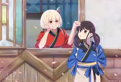  2girls black_hair blonde_hair blue_kimono blush chai_haru cherry_blossoms commentary english_commentary falling_petals hair_ribbon highres holding holding_petal inoue_takina japanese_clothes kimono long_hair low_twintails lycoris_recoil multiple_girls nishikigi_chisato one_side_up open_mouth petals purple_eyes red_eyes red_kimono red_ribbon ribbon short_hair tasuki twintails 