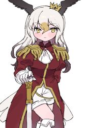  010mzam 1girl alternate_costume bald_eagle_(kemono_friends) bird_girl bird_tail bird_wings blonde_hair blush boots brown_hair cane cowboy_shot crown epaulettes fringe_trim gloves gold_trim head_wings high_collar highres jacket juliet_sleeves kemono_friends long_hair long_sleeves multiple_girls neckerchief puffy_sleeves red_jacket shoes sleeve_cuffs smile solo tail thigh_boots white_boots white_gloves white_hair white_neckerchief white_shoes wings yellow_eyes 