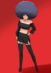  1girl afro ahoge annko bare_shoulders black_thighhighs blue_hair bracelet breasts cleavage commentary_request commission contrapposto crop_top full_body garter_straps hand_on_own_hip highres huge_afro idolmaster idolmaster_(classic) jewelry large_breasts midriff miniskirt miura_azusa navel off-shoulder_shirt off_shoulder pencil_skirt pink_eyes red_shoes shirt shoes side_slit skeb_commission skirt smile solo thighhighs wig 