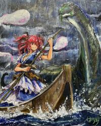  1girl absurdres blue_dress boat closed_mouth commentary_request dress ghost hair_bobbles hair_ornament harikona highres loch_ness_monster oil_painting_(medium) onozuka_komachi outdoors painting_(medium) rain red_eyes red_hair short_hair signature smile touhou traditional_media two_side_up watercraft 