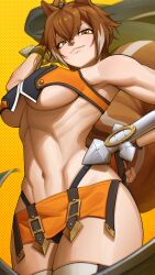  1girl absurdres ahoge animal_ears black_panties blazblue boots breasts brown_eyes brown_hair crop_top dotted_background dual_wielding female_focus fingerless_gloves gloves hair_between_eyes hand_on_own_hip highleg highleg_panties highres holding huge_filesize large_breasts looking_at_viewer makoto_nanaya matching_hair/eyes microskirt midriff multicolored_hair navel orange_skirt panties panty_peek revealing_clothes short_hair skirt smirk solo squirrel_ears squirrel_girl squirrel_tail tail tettora thigh_boots thighs thong toned toned_female toned_stomach tonfa two-tone_background two-tone_hair underboob underwear weapon 