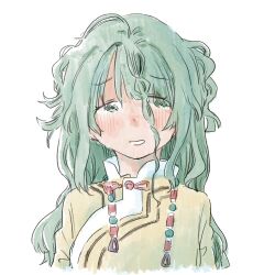  1girl beads braid green_eyes green_hair hair_beads hair_ornament highres looking_at_viewer messy_hair one_eye_covered original python_octopus side_braid solo wavy_hair white_background 