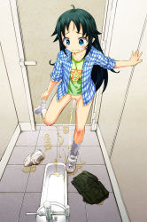 1girl ahoge bathroom blue_eyes blush collarbone female_focus full_body heijitsu_(paapuu) highres idolmaster idolmaster_cinderella_girls leg_up loli long_hair messy nanjo_hikaru panties panties_around_leg panty_pull pee pee_stain pee_trail peeing peeing_self puddle pulling_own_clothes pussy public_restroom shoes shorts socks solo squat_toilet standing tearing_up thighs tile_floor tiles toilet toilet_stall uncensored underwear unworn_shoe unworn_shorts water_drop wet wet_clothes white_panties rating:Explicit score:111 user:BaronArgyleSven
