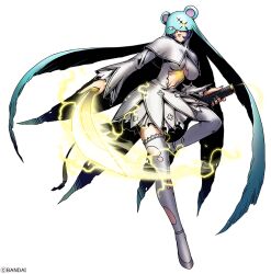 1girl blue_hair breasts clothing_cutout covered_eyes digimon digimon_(creature) dress electricity full_body glowing glowing_eyes glowing_tattoo habit holding holding_sword holding_weapon katana large_breasts nail_polish navel nun official_art simple_background sistermon_ciel sistermon_ciel_(awaken) solo stomach_cutout stomach_tattoo sword tattoo thighhighs torn_clothes torn_dress weapon white_background white_dress white_thighhighs  rating:Sensitive score:5 user:danbooru