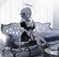  1girl apron black_dress chaise_longue chromatic_aberration crossed_legs dress hairband halo highres holding indoors long_hair looking_at_viewer maid maid_apron maid_headdress misumigumi original pantyhose parted_lips short_hair sitting solo tagme thighhighs white_hair white_thighhighs 