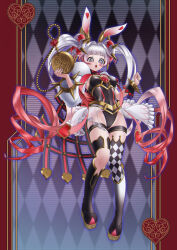  1girl animal_ears asymmetrical_clothes asymmetrical_legwear black_leotard blush breasts checkered_background checkered_thighhighs chiyoko_(chokochokotto) duel_monster full_body gradient_hair hair_intakes highres holding holding_pocket_watch leotard long_sleeves maliss_&lt;p&gt;_white_rabbit medium_breasts multicolored_hair open_mouth pink_eyes playboy_bunny pocket_watch rabbit_ears rabbit_girl red_hair short_sleeves solo spiked_hair_ornament spiked_wristband thigh_strap thighhighs watch white_hair yu-gi-oh! 