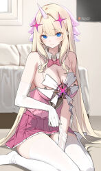  1girl absurdres blonde_hair blue_eyes bow bowtie breasts closed_mouth dduck_kong detached_collar elbow_gloves gloves highres indoors large_breasts long_hair looking_at_viewer magical_girl original panties panty_peek pink_bow pink_bowtie pink_shirt pink_skirt pleated_skirt shirt sitting skirt solo strap thighhighs underwear wariza white_gloves white_thighhighs 