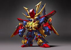  absurdres arms_at_sides chibi chinese_commentary clenched_hands commentary_request full_body glowing glowing_eyes gundam gundam_build_fighters gundam_build_fighters_try gundam_tryon_3 highres looking_at_viewer making-of_available mecha mecha_focus no_humans robot science_fiction sd_gundam solo standing super_robot v-fin yellow_eyes zakuma 
