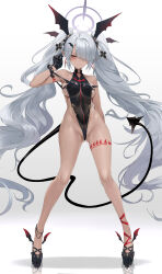  1girl absurdly_long_hair alternate_costume bare_shoulders black_gloves black_one-piece_swimsuit black_shoes blue_archive blush breasts cleavage closed_mouth commentary covered_navel dark-skinned_female dark_skin demon_girl demon_tail dishwasher1910 full_body gloves gluteal_fold grey_hair hair_ornament hair_over_one_eye halo hand_up highres iori_(blue_archive) long_hair looking_at_viewer medium_breasts one-piece_swimsuit one_eye_covered partially_visible_vulva pointy_ears purple_halo red_eyes shoes sideboob simple_background solo standing swimsuit tail thighs twintails very_long_hair white_background 