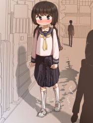 1girl backpack bag black_eyes blue_sailor_collar blue_skirt blush brown_hair clenched_hands closed_mouth collarbone cross-laced_footwear crying crying_with_eyes_open embarrassed female_focus flat_chest full_body hair_tie highres kneehighs long_hair long_sleeves neckerchief nose_blush original outdoors partially_colored pee pee_stain pee_trail peeing peeing_self people pleated_skirt puddle sailor_collar school_uniform serafuku shadow shirt shoes sidelocks skirt socks solo_focus standing tawasiupa tears twintails walking water_drop wet wet_clothes white_footwear white_shirt white_socks yellow_neckerchief rating:Questionable score:48 user:AngryZapdos
