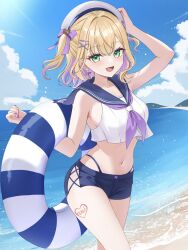 1girl absurdres bare_shoulders beach blonde_hair blue_innertube blue_sailor_collar blue_shorts blue_sky blush bow breasts cloud cloudy_sky collarbone colored_inner_hair day earrings fang fingernails green_eyes hair_bow hair_intakes hair_ornament hairclip hat heart heart_earrings heart_tattoo highleg highres holding holding_swim_ring innertube jewelry kurumi_noah leg_tattoo medium_hair multicolored_hair nail_polish navel ocean open_mouth outdoors pink_bow pink_eyes pink_nails sailor_collar sailor_hat sand school_uniform serafuku shorts sky smile solo stomach swim_ring tattoo teddy_bear_hair_ornament thighs two-tone_hair two-tone_innertube two_side_up virtual_youtuber vspo! white_hat white_innertube white_serafuku ysnhryk 