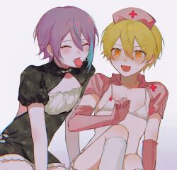  2boys @_@ ^_^ alternate_costume black_dress blush chinese_commentary closed_eyes clothing_cutout commentary_request condom condom_in_mouth cross double-parted_bangs dress earrings elbow_gloves feet_out_of_frame gag1tdiucvpteok gloves hair_between_eyes hat highres jewelry juliet_sleeves kamishiro_rui kneehighs long_sleeves male_focus mouth_hold multicolored_hair multiple_boys nervous_sweating nurse_cap orange_eyes piercing pink_gloves project_sekai puffy_sleeves red_cross short_sleeves simple_background socks streaked_hair stud_earrings sweat tenma_tsukasa white_background wing_collar yaoi 