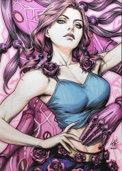  1girl 1other blue_eyes blue_shirt breasts floral_print flower highres hirose_yasuho jojo_no_kimyou_na_bouken jojolion long_hair map_print medium_breasts paisley_park_(stand) pink_flower pink_hair pink_rose purple_skirt rose shirt skirt sleeveless sleeveless_shirt stand_(jojo) stanley_lau 