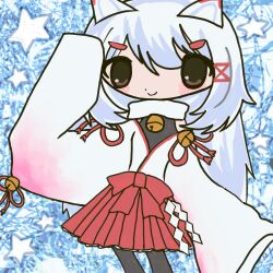  absurdres animal_ears black_bodysuit bodysuit commission fox_ears fox_girl freckles fur_collar gohei highres indie_virtual_youtuber japanese_clothes kagari_kitsune messy_hair nontraditional_miko original red_ribbon ribbon skeb_commission sleeves_past_fingers sleeves_past_wrists virtual_youtuber white_hair yumyumyamq 