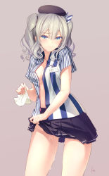 10s 1girl alternate_costume azumi_akitake beret blouse blue_eyes blush breasts clothes_lift colored_eyelashes commentary_request cowboy_shot cum cum_on_body cum_on_legs cumdrip embarrassed employee_uniform female_focus hair_between_eyes hat highres kantai_collection kashima_(kancolle) kashima_(lawson)_(kancolle) kefir lawson lifting_own_clothes lips long_hair looking_at_viewer medium_breasts miniskirt no_bra no_panties open_clothes open_shirt pleated_skirt revision shirt signature silver_hair simple_background skirt skirt_lift solo striped_clothes striped_shirt suggestive_fluid thighs tsurime twintails wavy_hair rating:Explicit score:71 user:danbooru