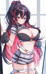  1girl absurdres bikini bikini_top_only black_hair breasts chain cleavage collar colored_inner_hair commentary_request commission cowboy_shot cuffs double-parted_bangs goddess_of_victory:_nikke hand_up handcuffs high_ponytail highres kunimoto_rikuya large_breasts long_hair looking_at_viewer midriff multicolored_hair navel o-ring o-ring_top partial_commentary pixiv_commission ponytail prison_cell prison_clothes quency_(nikke) red_eyes red_hair short_sleeves shorts shrug_(clothing) smile solo strap strapless streaked_hair swimsuit thigh_strap turtleneck very_long_hair 