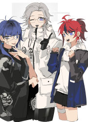  3girls :d absurdres ahoge aotsuki_eito black_collar black_gloves black_hair black_haori black_shorts black_streaks blue_eyes blue_hair blue_jacket chinese_commentary clenched_hands collar cowboy_shot earrings eye_print eyepatch face_piercing genderswap genderswap_(mtf) glasses gloves grey_hair grey_jacket grey_kimono hand_on_own_chin hand_on_own_elbow hand_up hands_up haori high_ponytail highres hood hoodie jacket jacket_over_hoodie japanese_clothes jewelry kimono labret_piercing looking_ahead looking_at_viewer medium_hair multicolored_hair multicolored_jacket multiple_girls omokage_yugamu one_eye_closed open_mouth pants piercing pocket pointing pointing_up ponytail print_eyepatch purple_eyes red_hair short_hair shorts si_ming simple_background smile streaked_hair sumino_takumi teeth the_hundred_line_-last_defense_academy- thigh_strap two-tone_jacket upper_teeth_only white_background white_hoodie white_jacket 