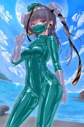  1girl alternate_costume aqua_bodysuit aqua_hat black_ribbon blue_sky bodysuit breasts candy day food garrison_cap gloves grey_hair hair_ornament hat headgear highres holding holding_candy holding_food kantai_collection latex latex_bodysuit lollipop long_hair mask medium_breasts mouth_mask ocean outdoors red_eyes ribbon riretsuto scamp_(kancolle) shiny_clothes skin_tight sky solo standing star_(symbol) star_hair_ornament very_long_hair white_gloves 