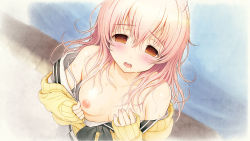 1girl blush bra bra_strap breasts cardigan clothes_pull game_cg kimi_to_kanojo_to_kanojo_no_koi. long_hair looking_at_viewer mukou_aoi_(totono) nipples pulling_own_clothes sailor_collar school_uniform serafuku tagme tsuji_santa underwear yellow_cardigan rating:Explicit score:25 user:DoctorWasabi