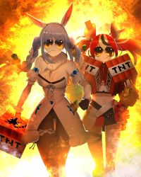  2girls explosion fire hakos_baelz highres hololive hololive_english hot_fuzz minecraft multiple_girls parody sunglasses usada_pekora virtual_youtuber 