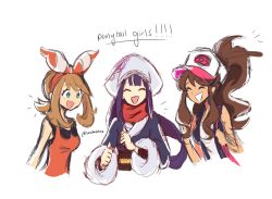  3girls :d akari_(pokemon) black_vest blue_eyes bow bow_hairband brown_hair closed_eyes commentary constarlations english_commentary english_text hair_bow hairband hairstyle_connection hat high_ponytail highres hilda_(pokemon) long_hair may_(pokemon) multiple_girls nintendo open_clothes open_mouth open_vest pokemon pokemon_bw pokemon_legends:_arceus pokemon_oras ponytail purple_hair red_bow red_hairband red_shirt shirt short_hair short_ponytail sleeveless sleeveless_shirt smile twitter_username upper_body very_long_hair vest white_background white_hat white_shirt 