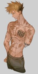  1boy abs amputee blonde_hair closed_eyes cowboy_shot cropped_legs earrings grey_background grey_pants highres jewelry male_focus muscular muscular_male on0n pants scar scar_on_arm scar_on_chest scar_on_stomach scars_all_over short_hair solo sweatpants too_many trigun vash_the_stampede 