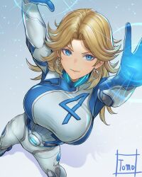  1girl arms_up artist_name blonde_hair bodysuit breasts closed_mouth earrings eyelashes fantastic_four from_above hashtag-only_commentary highres jewelry large_breasts looking_at_viewer marvel marvel_rivals medium_hair smile solo sue_storm tomo_eokaiteru white_bodysuit 