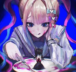  2girls :q ame-chan_(needy_girl_overdose) black_hair black_skirt blonde_hair blood blue_background blue_eyes blue_hair blue_serafuku blue_shirt chouzetsusaikawa_tenshi-chan commentary dual_persona english_commentary highres holding long_sleeves looking_down multicolored_hair multiple_girls needy_girl_overdose pao_(i_loxe_u) pink_blood pink_hair plate red_shirt sailor_collar school_uniform serafuku shirt sitting size_difference skirt smile tongue tongue_out twintails 