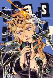  1boy 456123r0gue78 aqua_eyes bare_pectorals black_suit blonde_hair curly_hair earrings formal_clothes giorno_giovanna highres jewelry jojo_no_kimyou_na_bouken long_hair microphone_stand pectorals single_earring solo suit vento_aureo 