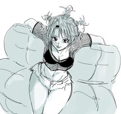  1girl black_bra bra breasts cleavage collarbone couch denim denim_shorts fishnet_top fishnets from_above headband highres hunter_x_hunter long_hair looking_at_viewer medium_breasts menchi_(hunter_x_hunter) midriff monochrome navel on_couch quin_tails rzorzorz shorts simple_background smile solo topknot underwear white_background 