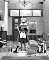  1girl anchor book brand_name_imitation capelet couch crown desk door dress earrings feet_out_of_frame greyscale ifuji_shinsen indoors jewelry kantai_collection mini_crown model_airplane monochrome off-shoulder_capelet pleated_dress short_hair solo standing table thighhighs valiant_(kancolle) watermark 