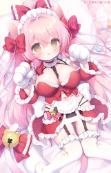  1girl :p animal_ears animal_hands apron bell between_breasts blush bow breasts brown_eyes cat_ears cat_girl cat_tail cleavage closed_mouth commentary_request detached_sleeves frilled_apron frilled_gloves frilled_sleeves frilled_thighhighs frills garter_straps gloves hair_between_eyes hair_bow hair_intakes hands_up high_ponytail jingle_bell large_breasts long_hair long_sleeves looking_at_viewer maid_headdress navel original paw_gloves pink_hair ponytail red_bow red_sleeves smile solo tail tail_bell tail_bow tail_ornament thighhighs tongue tongue_out usashiro_mani very_long_hair white_apron white_thighhighs wide_sleeves 