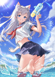  1girl absurdres animal_ear_fluff animal_ears barefoot blue_eyes blue_sailor_collar blue_skirt blue_sky cloud commentary_request crop_top cropped_shirt day double-parted_bangs feet floating_hair foot_out_of_frame foot_up grey_hair grin hand_up highres holding holding_water_gun lens_flare long_hair looking_at_viewer looking_back midriff miniskirt navel neckerchief ocean original outdoors outstretched_hand pleated_skirt red_neckerchief sailor_collar school_uniform serafuku shirt short_sleeves skirt sky smile soles solo sparkle splashing straight_hair summer_uniform sun sunlight toes tsukasa_akaneya turning_head wading water water_drop water_gun wet wet_clothes wet_shirt wet_skirt white_shirt 