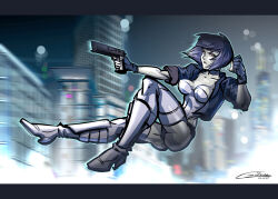  1girl aiming ass black_jacket blurry blurry_background breasts building city full_body ghost_in_the_shell ghost_in_the_shell:_stand_alone_complex gilmec gun handgun highres jacket kusanagi_motoko leotard looking_at_viewer medium_breasts medium_hair night night_sky purple_hair red_eyes short-sleeved_jacket short_sleeves signature sky skyscraper solo strapless strapless_leotard thong_leotard toon_(style) weapon white_leotard 