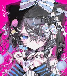  1girl :3 absurdres animal_hat black_hair black_nails blue_bow blue_eyes blush bow cat_hat closed_mouth hair_bow hair_ornament hair_over_one_eye hairclip hands_up hat heart heart_hair_ornament heart_hands highres jewelry long_hair long_sleeves looking_at_viewer multiple_rings original pink_background ring shibakure_inuwo simple_background solo striped_sleeves upper_body 