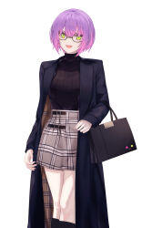  1girl :d absurdres alternate_costume alternate_hairstyle bag black-framed_eyewear black_bag black_coat black_shoes black_sweater coat crossed_bangs dimazu feet_out_of_frame green_eyes grey_skirt handbag highres hololive long_coat looking_at_viewer multicolored_hair open_mouth pink_hair pink_nails plaid_clothes plaid_coat plaid_skirt purple_hair ribbed_sweater shirt_tucked_in shoes short_hair simple_background skirt smile solo straight-on sweater teeth tokoyami_towa turtleneck turtleneck_sweater two-sided_coat two-sided_fabric two-tone_hair upper_teeth_only virtual_youtuber white_background 
