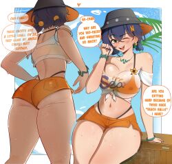  1girl absurdres belle_(summer_skies)_(zenless_zone_zero) belle_(zenless_zone_zero) black_hat black_nails black_panties bra bracelet breasts bucket_hat bullxon english_text hat highres jewelry large_breasts multiple_views navel official_alternate_costume one_eye_closed open_mouth orange_bra orange_shorts panties panty_straps see-through_clothes see-through_shirt shirt short_hair short_shorts shorts speech_bubble teeth underwear upper_teeth_only white_shirt zenless_zone_zero 