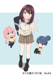 3girls black_socks blue_eyes blue_hair blue_sailor_collar chibi closed_mouth dot_nose full_body hair_between_eyes hair_bun japanese_text kagamihara_nadeshiko long_hair long_sleeves looking_at_viewer multiple_girls open_mouth pantyhose pink_hair purple_eyes reaching reaching_towards_viewer sailor_collar school_uniform shima_rin shoes short_hair short_sleeves simple_background sitting skirt smile socks standing standing_on_one_leg sweater_vest toki_ayano translation_request unako264 v yurucamp