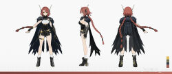  1girl absurdres aether_gazer black_boots black_cape black_nails boots braid breasts cape clothing_cutout concept_art fur-trimmed_cape fur_trim gauntlets highres large_breasts long_hair low_twin_braids mek multiple_views orange_eyes red_hair sideboob single_gauntlet socks solo thor_(aether_gazer) torn_cape torn_clothes twin_braids underboob underboob_cutout very_long_hair white_socks 