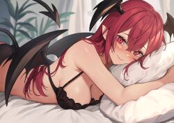  1girl bed_sheet black_bra black_panties black_tail black_wings blush bra breasts cleavage closed_mouth commentary_request crossed_bangs demon_girl demon_tail demon_wings hair_between_eyes head_wings highres indoors koakuma large_breasts long_hair looking_at_viewer lying on_bed on_stomach panties plant pointy_ears potted_plant red_eyes red_hair smile solo tail touhou underwear underwear_only wings wowoguni 
