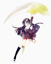  1girl black_hair blue_eyes blush breasts hair_ornament highres kyoukai_no_rinne open_mouth scythe shima_renge shoes skirt socks weapon  rating:Sensitive score:0 user:wereAR